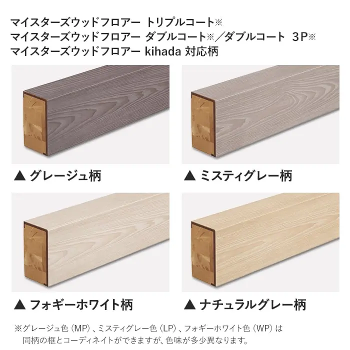 グレージュ色(MP)、ミスティグレー色(LP)、フォギーホワイト色(WP)は同柄の框とコーディネイトができますが、色味が多少異なります。