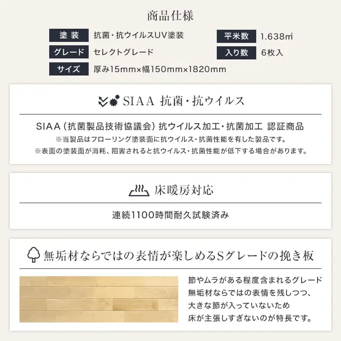 無垢材ならではの表情が楽しめるSグレードの挽き板