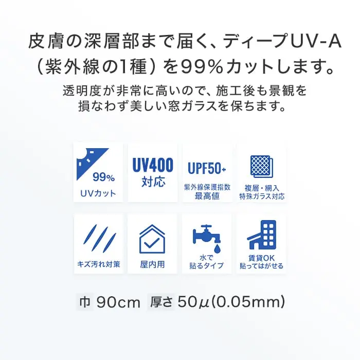皮膚の深層部まで届く、ディープUV-A(紫外線の1種)を99%カットします。