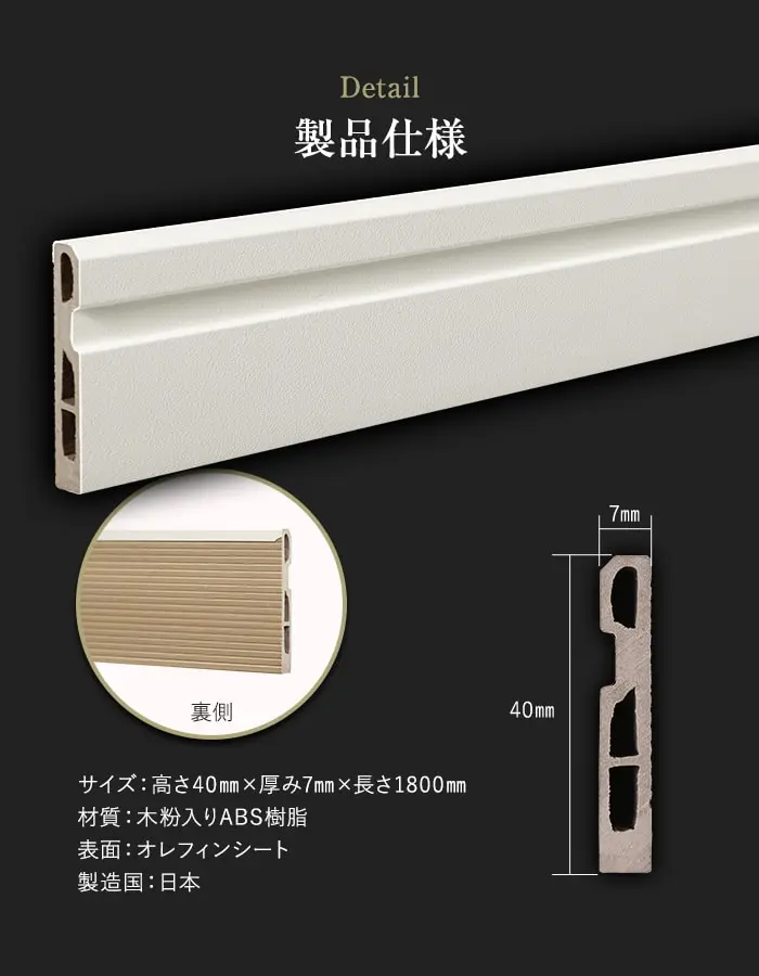 巾木 化粧巾木40 高さ40mm 厚さ7mm 長さ1800mm 1本 白【掲載品番】HP-HBK-40
