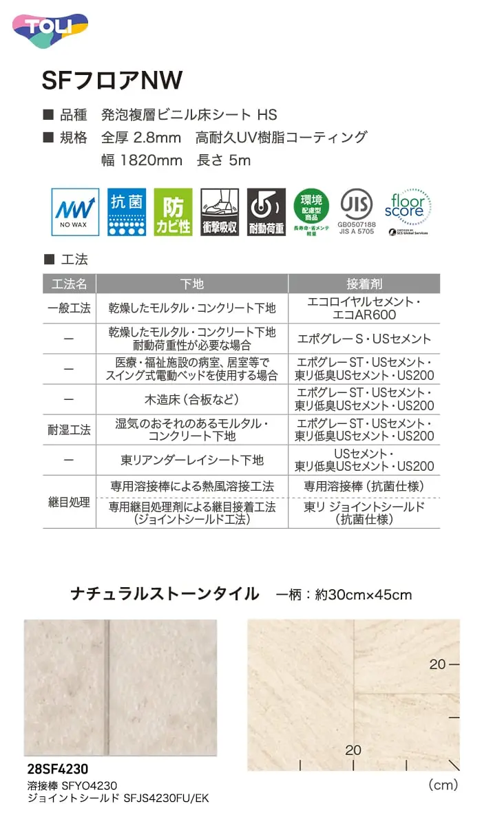 長尺シート 東リ SFフロアNW ナチュラルストーンタイル 2.8mm厚【掲載品番】28SF4230