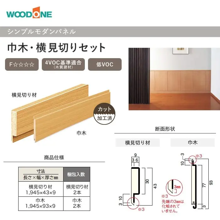 腰壁 ウッドワン ドレタス シンプルモダンパネル 巾木・横見切り材(1945mm×2本)【掲載品番】RBJ762-WH / RBJ762-PL / RBJ762-LC / RBJ762-LB / RBJ762-DK / RBJ762-CH / RBJ762-GE / RBJ762-PW / RBJ762-W1