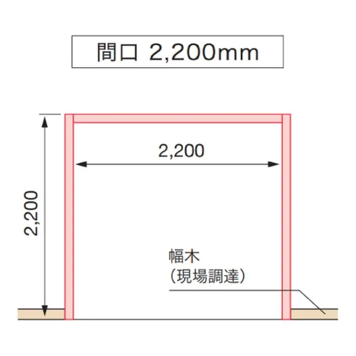 三方枠の間口2200mm・高さ2200mmを示す納まり図