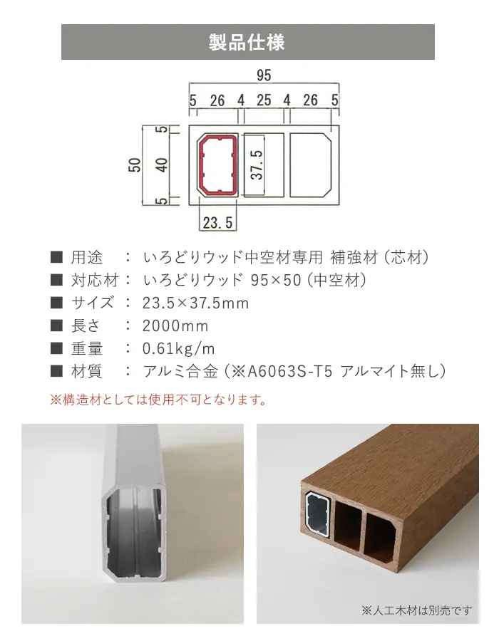 いろどりウッド 中空材専用 補強材(芯材) 95×50用【掲載品番】HOKYO-9550C