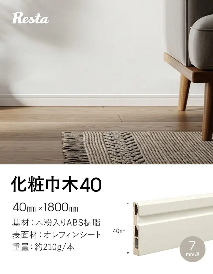 巾木 化粧巾木40 高さ40mm 厚さ7mm 長さ1800mm 1本 白【掲載品番】HP-HBK-40