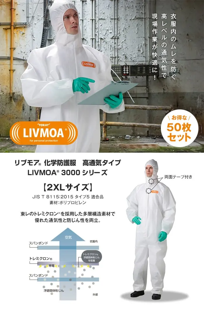 東レ 高通気タイプ化学防護服 リブモア(LIVMOA3000) 2XLサイズ お得な50枚セット【掲載品番】LIVMOA3000-2XL-50