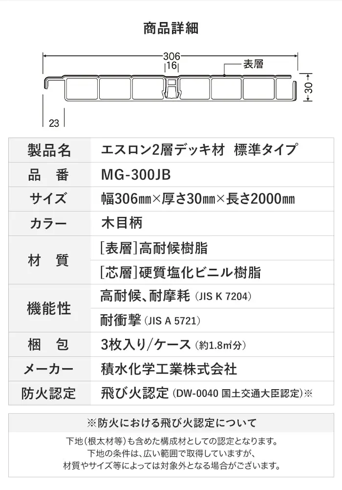 セキスイ エスロン 2層デッキ材 標準タイプ 木目柄(NM) 2m×3枚入 HG-300JB 高耐候 樹脂製【掲載品番】HG300-GC01-NM