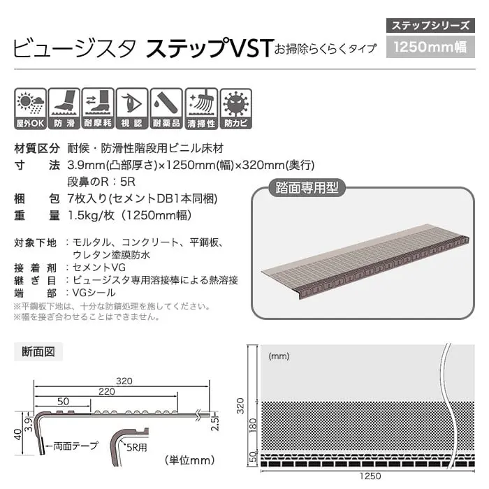 タジマ 階段用 ノンスリップシート ビュージスタ ステップVST お掃除らくらく 踏面専用型 1250mm巾【掲載品番】VST-4011-2 / VST-4031-2 / VST-4021-2 / VST-4041-2