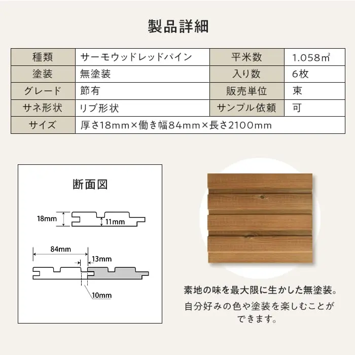 サーモウッドレッドパイン 羽目板 無塗装 節有 リブ加工 18×84×2100mm (6枚入り)【掲載品番】B1-SR-HAMEITA