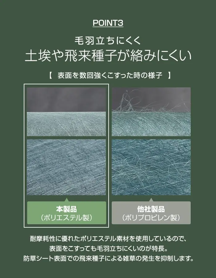 毛羽立ちにくく土埃や飛来種子が絡みにくい