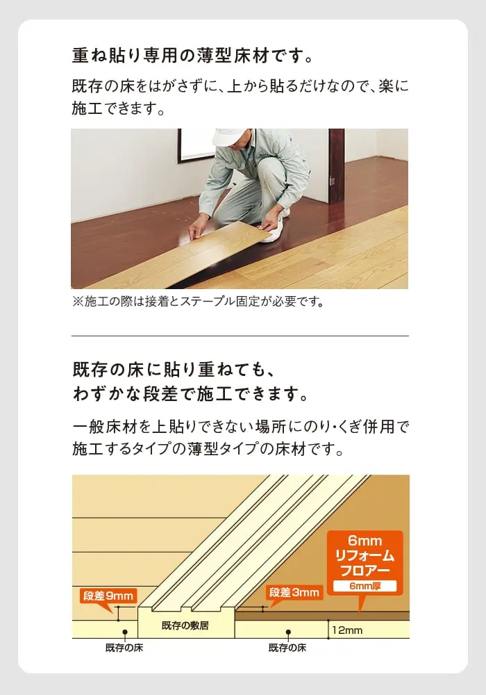 重ね貼り専用の薄型床材です。