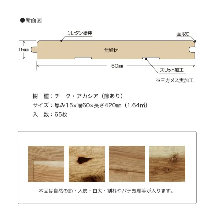 本品は自然の節・入皮・白太・割れやパテ処理等が入ります。