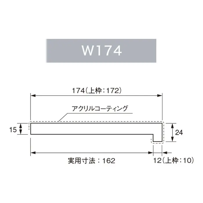 L字三方枠の縦枠幅174mm・上枠幅172mmを示す断面図