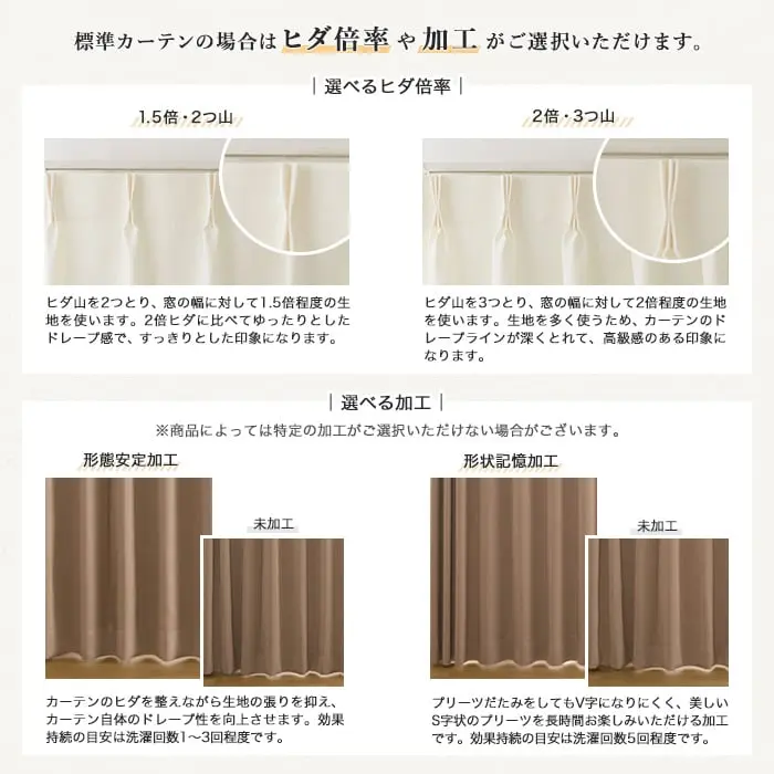 標準カーテンの場合はヒダ倍率や加工がご選択いただけます。