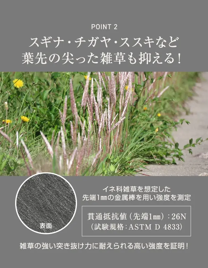 スギナ・チガヤ・ススキなど 葉先の尖った雑草も抑える!