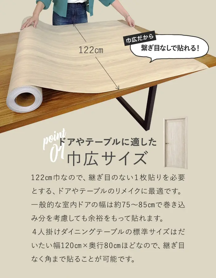 ドアやテーブルに適した巾広サイズ