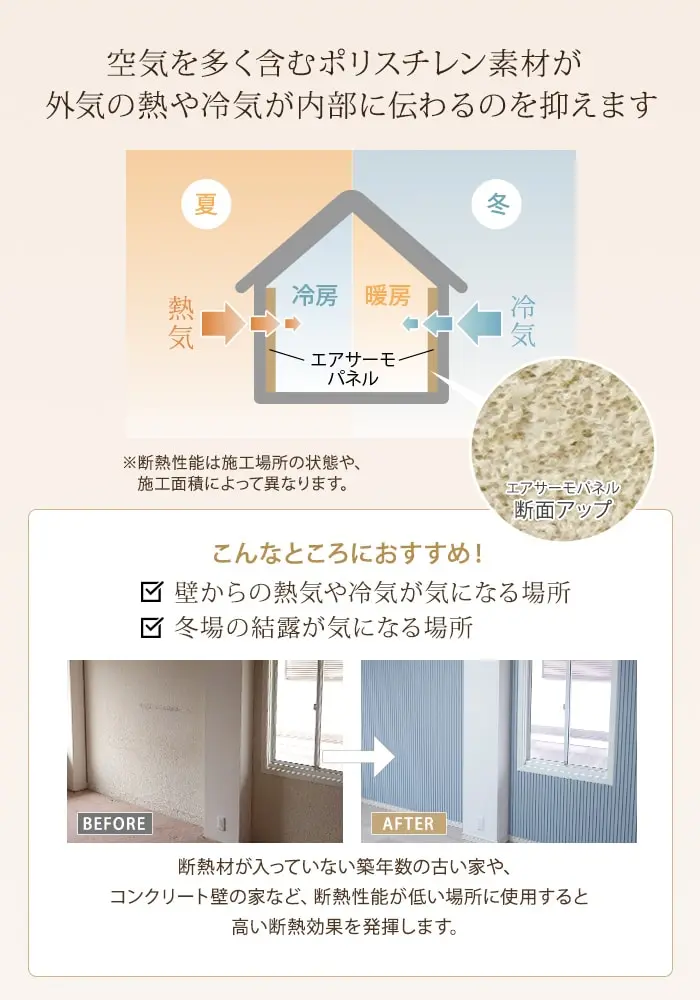 空気を多く含むポリスチレン素材が外気の熱や冷気が内部に伝わるのを抑えます