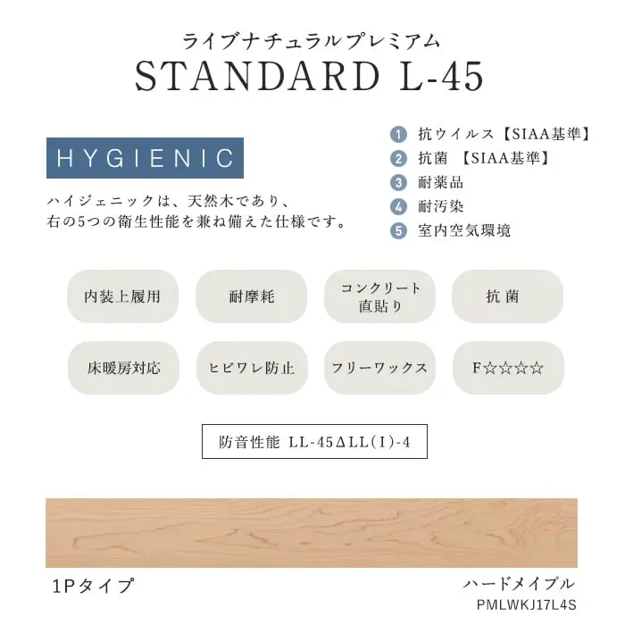 ハイジェニックは、天然木であり、右の5つの衛生性能を兼ね備えた仕様です。