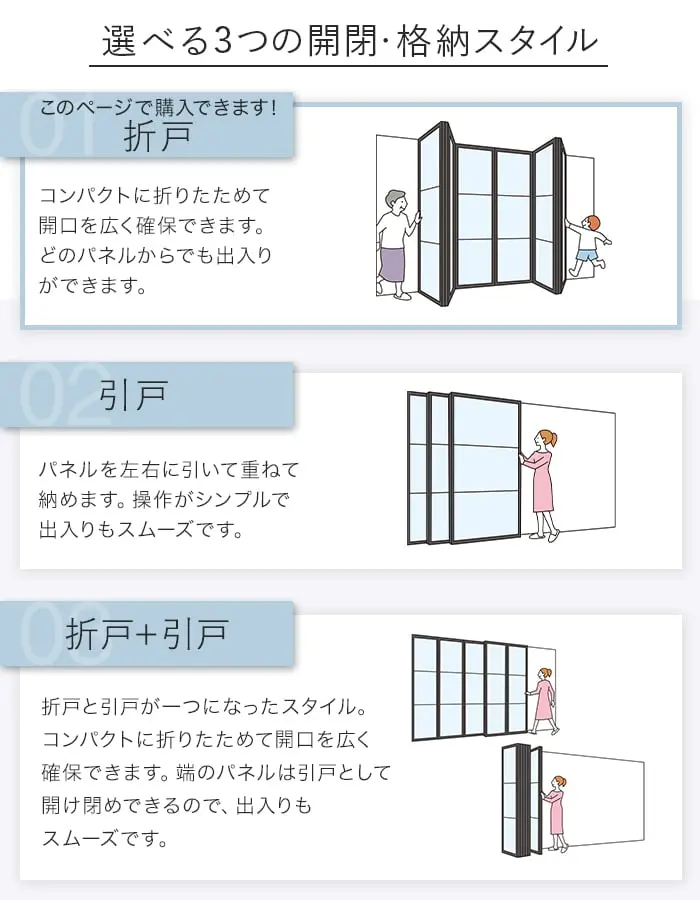 選べる3つの開閉・格納スタイル