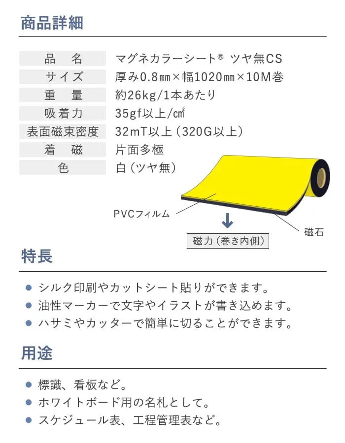 マグネカラーシート 0.8mm厚 1020巾×10M巻 (白) ツヤ無【掲載品番】MAG-012550