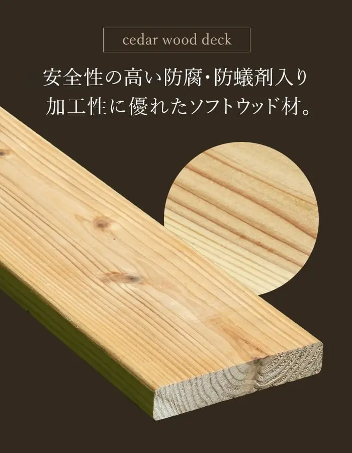 安全性の高い防腐・防蟻剤入り加工性に優れたソフトウッド材。