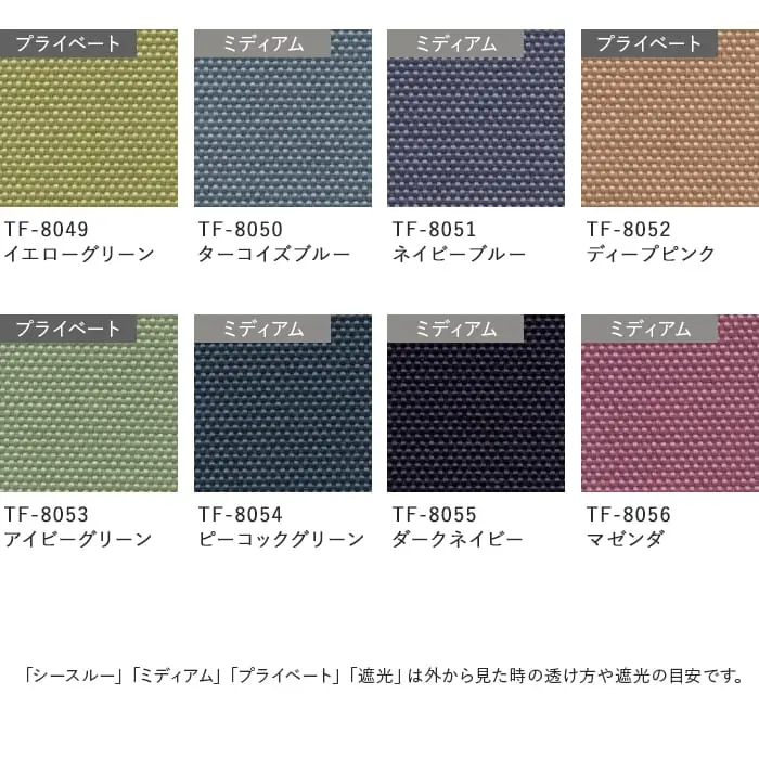 「シースルー」「ミディアム」「プライベート」「遮光」は外から見た時の透け方や遮光の目安です