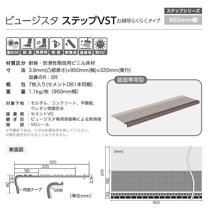 タジマ 階段用 ノンスリップシート ビュージスタ ステップVST お掃除らくらく 踏面専用型 950mm巾【掲載品番】VST-4011-1 / VST-4031-1 / VST-4021-1 / VST-4041-1