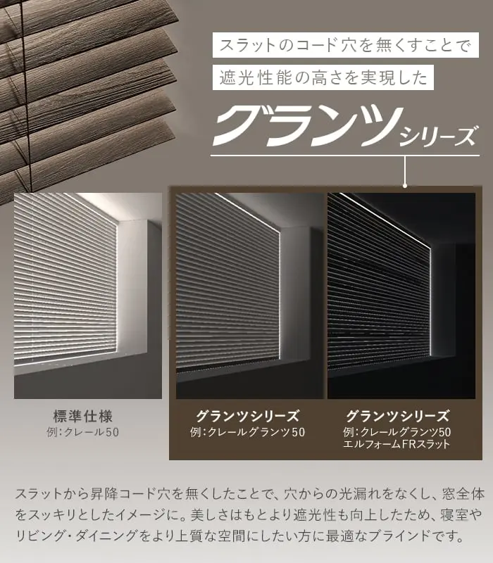 スラットのコード穴を無くすことで遮光性能の高さを実現した