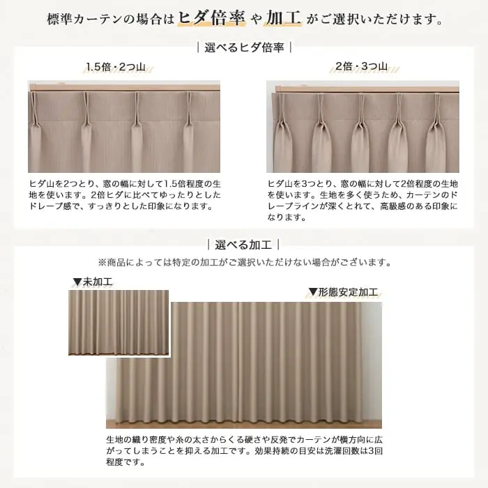 標準カーテンの場合はヒダ倍率や加工がご選択いただけます。