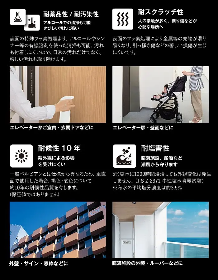 耐薬品性、耐スクラッチ性、耐候性10年、耐塩害性