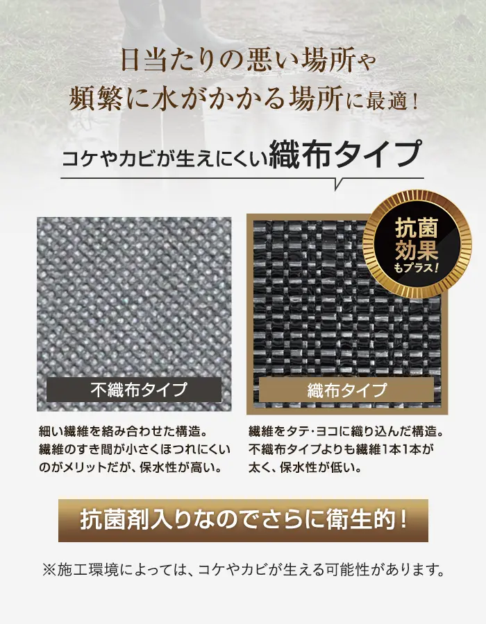 コケやカビが生えにくい織布タイプ